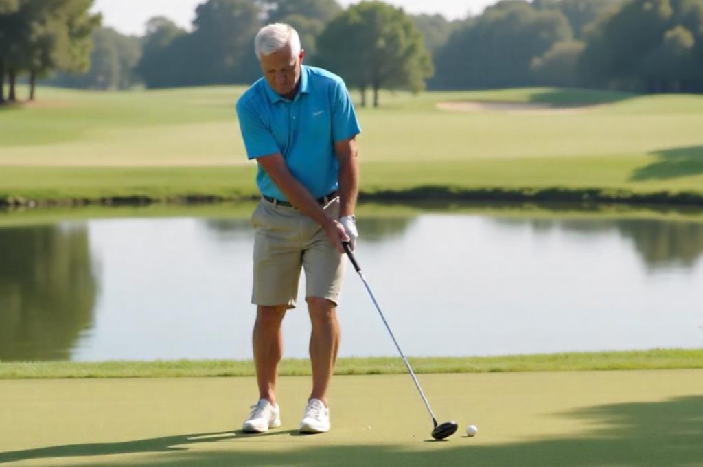 A sustainable golf course with natural water bodies and solar panels.