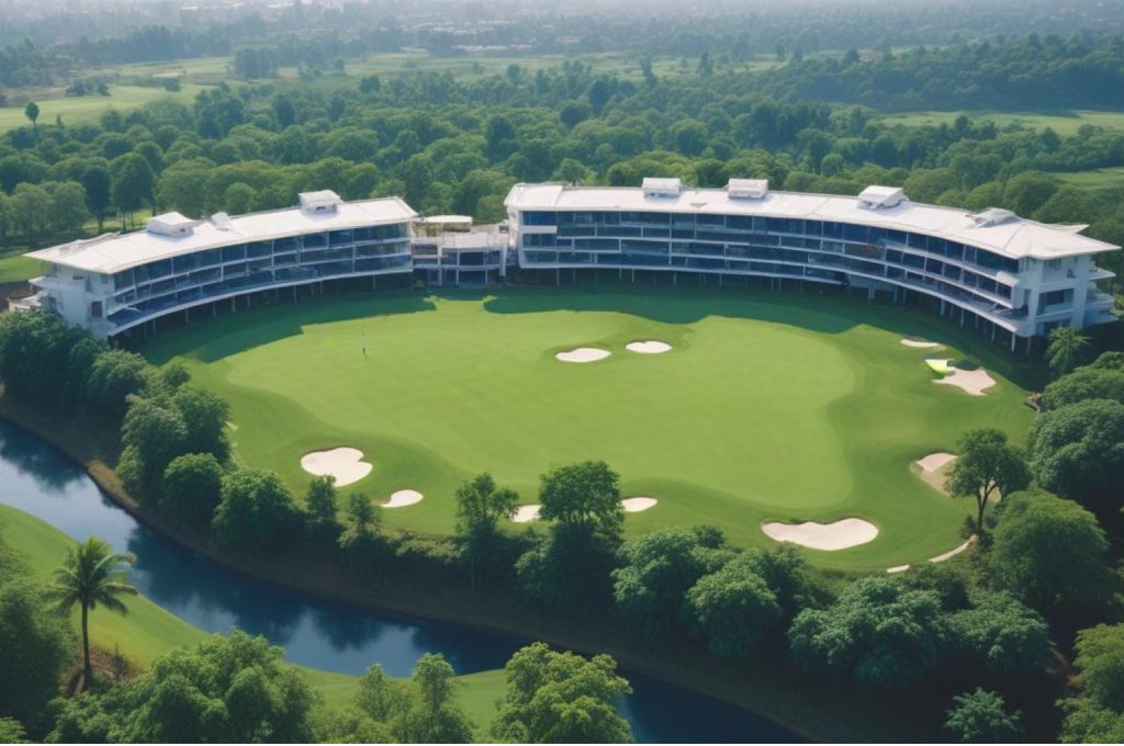 Aerial view of the Khargar Valley Golf Course, featuring India’s longest hole.