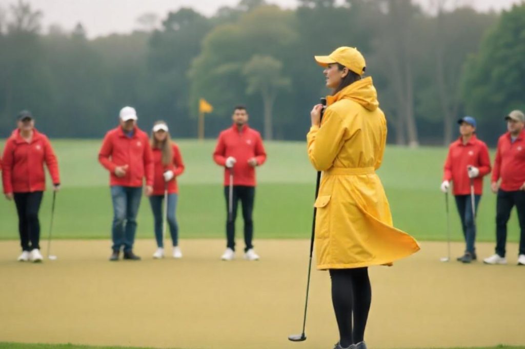 A modern golf practice academy with high-tech training equipment.