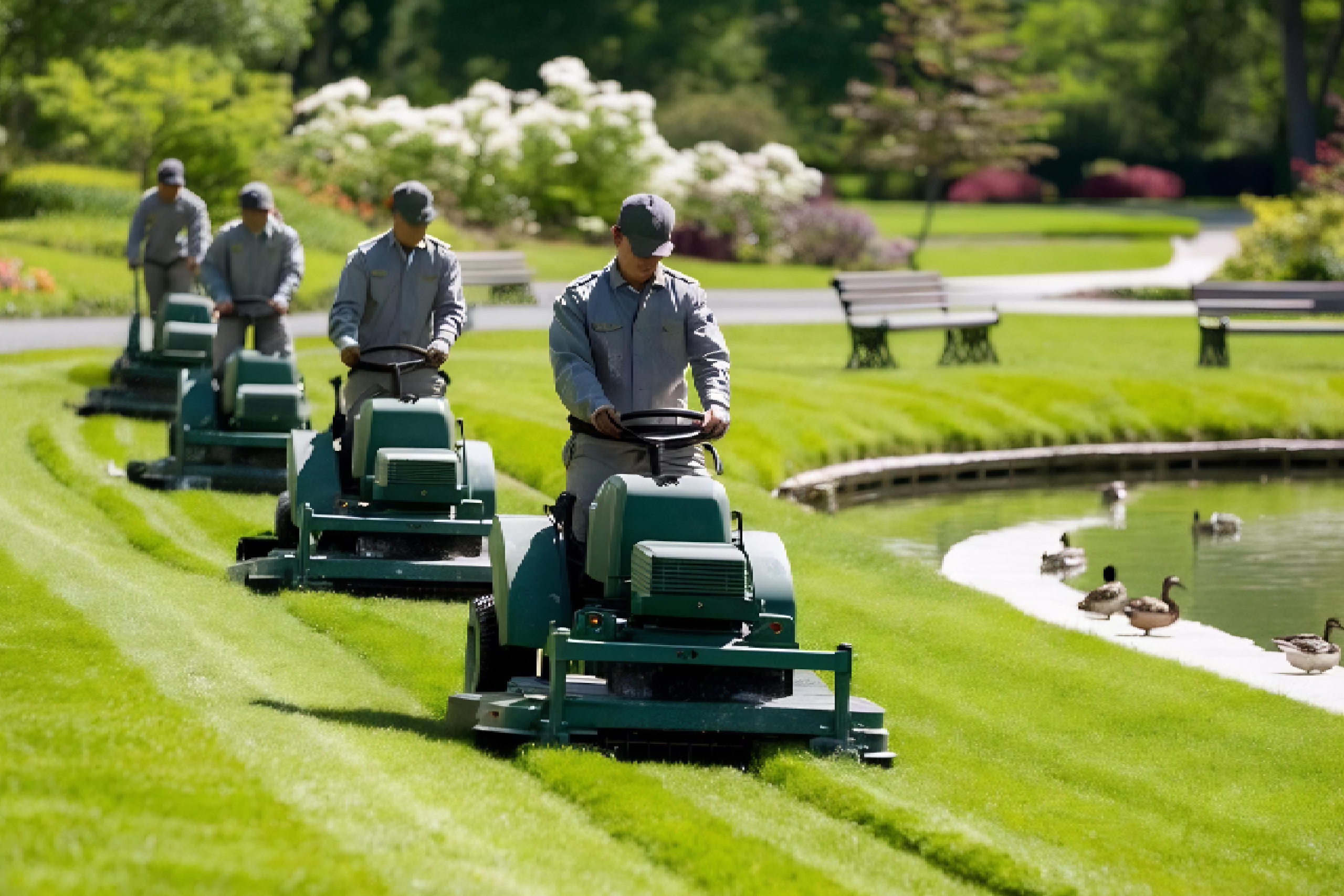 A team of technicians performing maintenance on a golf course green with specialized equipmen