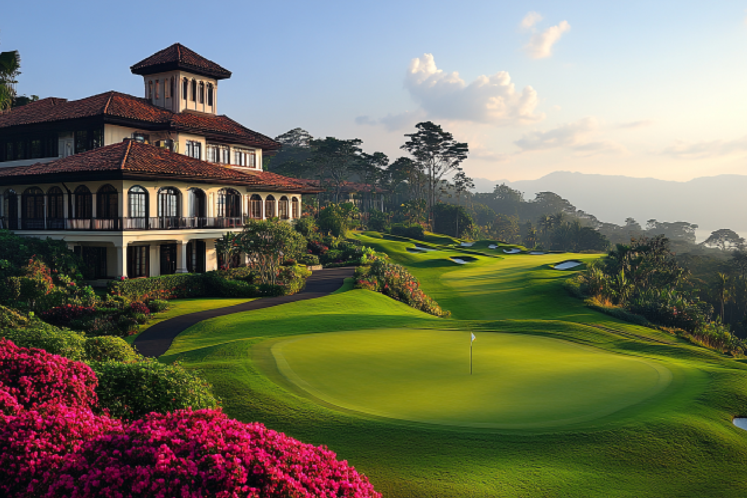 A serene golf course winding through a resort with luxury villas in the background
