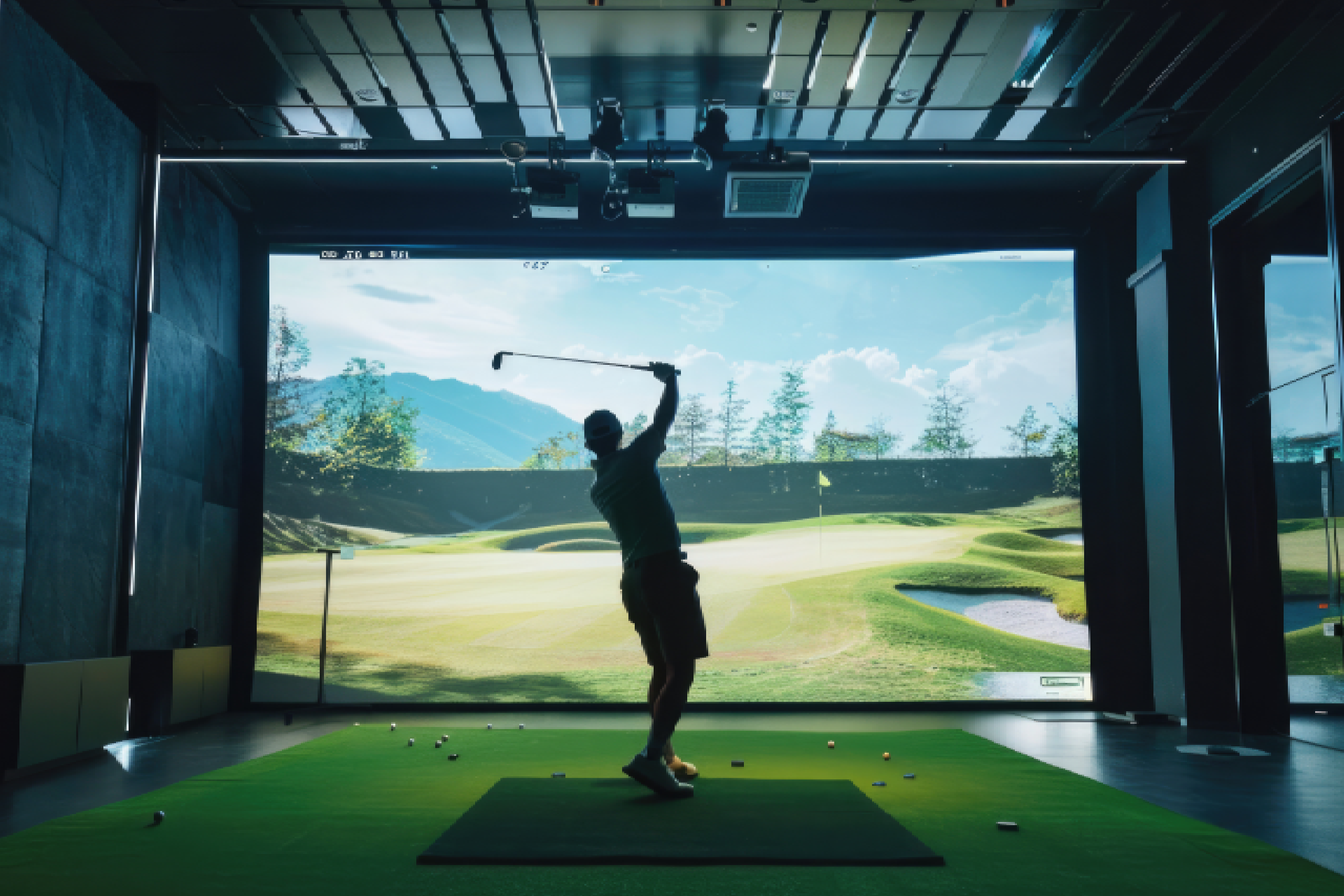 A golfer using advanced technology to analyze their swing at a modern practice facility