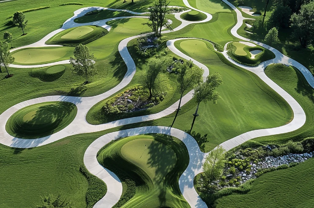 A detailed golf course architecture plan showing drainage routes and elevation contours
