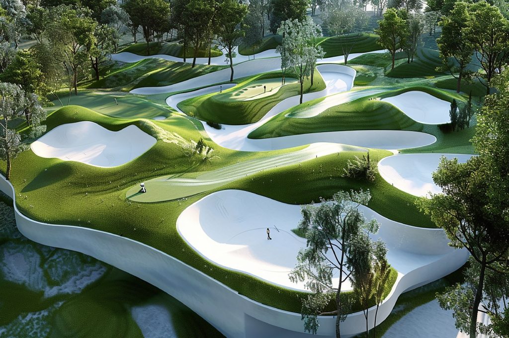 A technical rendering of a modern golf course design that harmonizes with a natural ravine, showing minimalist earth movement
