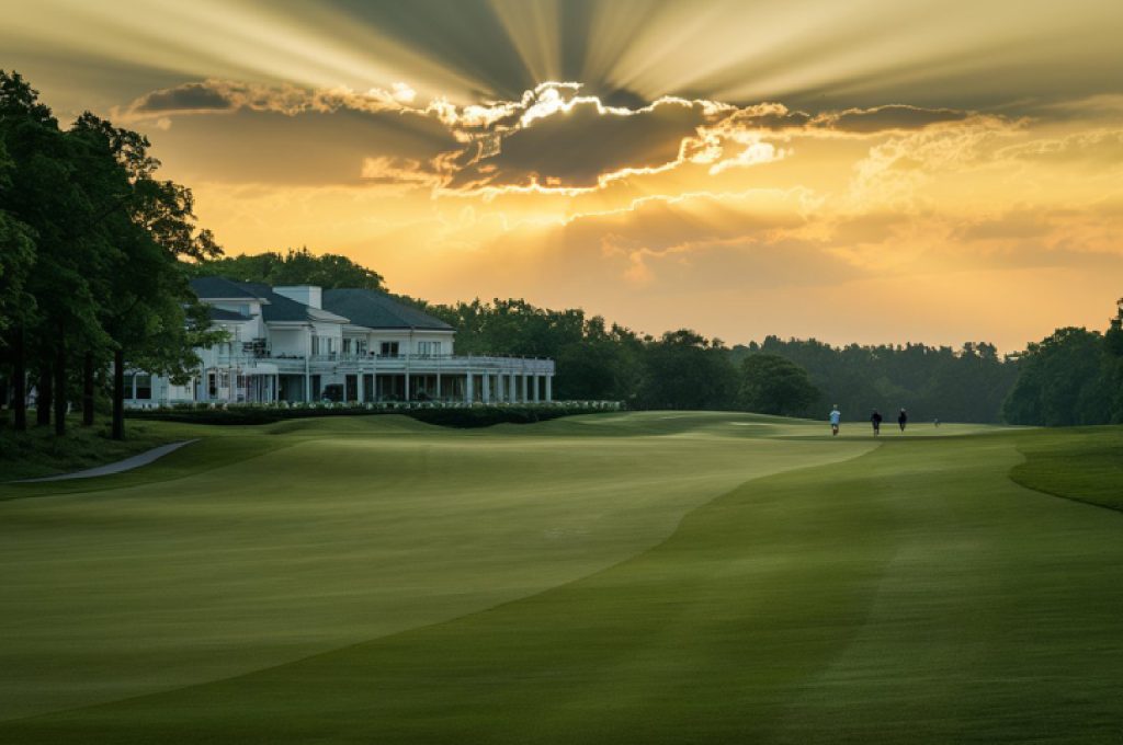 A serene golf course winding through a resort with luxury villas in the background.