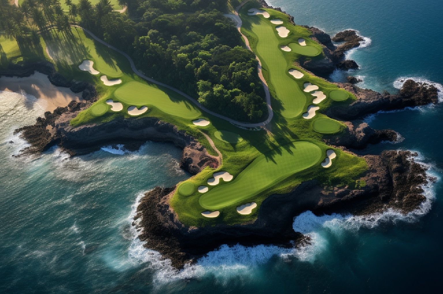 A graphic comparing a "before" and "after" golf course hole design showing strategic optimization.