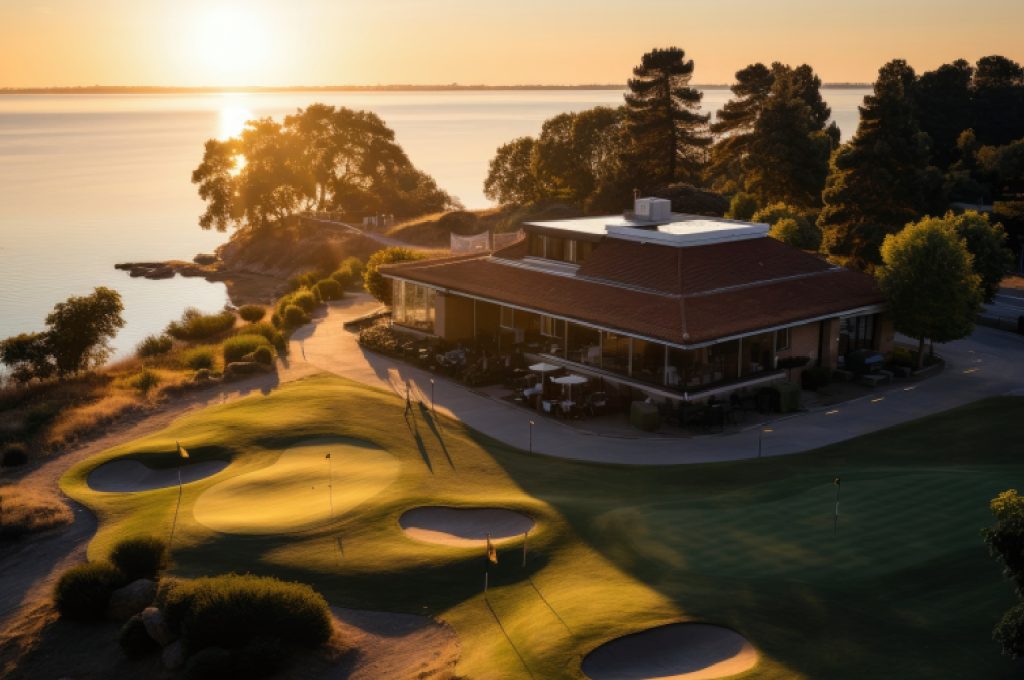An aerial view showing a modern golf clubhouse and parking seamlessly integrated with the golf course.