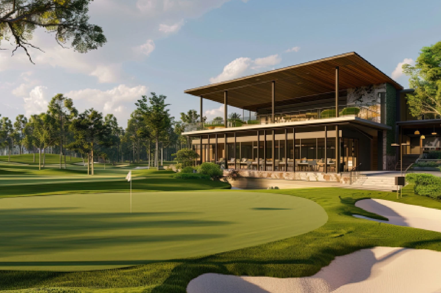 A graphic illustrating the seamless flow between a golf course, a clubhouse, and an academy.