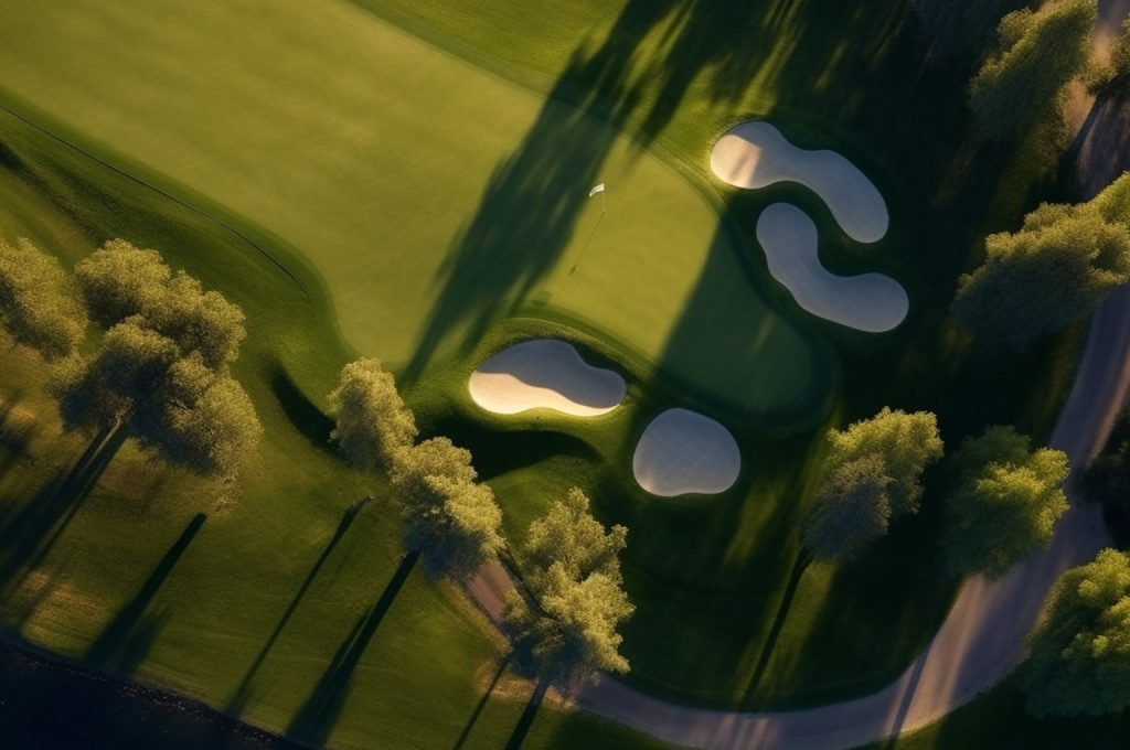 An aerial view of a sustainable golf course utilizing native grasses and water-efficient irrigation
