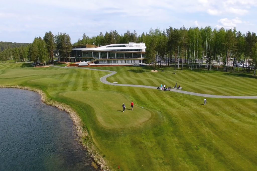 A graphic illustrating the seamless flow between a golf course, a clubhouse, and an academy.