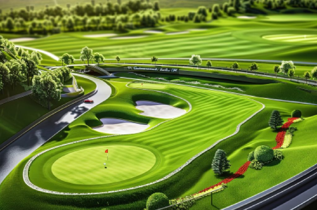 A technical rendering of a modern golf course design that harmonizes with a natural ravine, showing minimalist earth movement.