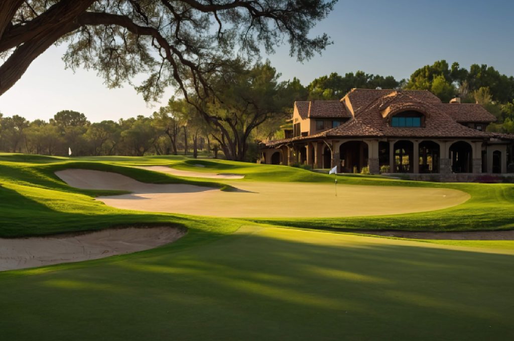 A serene golf course winding through a resort with luxury villas in the background