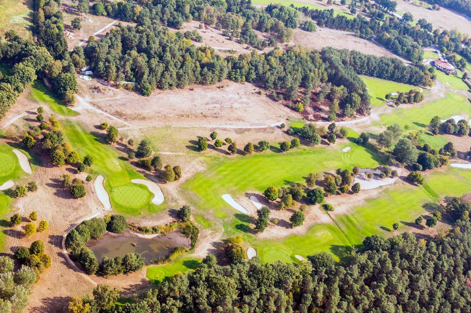 Drone shot of a finished golf course showing excellent turf condition