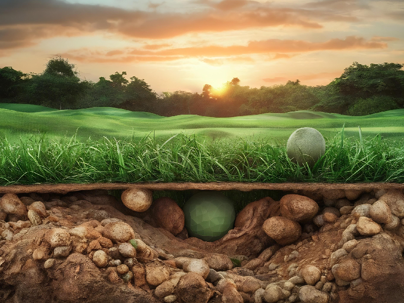 A vertical soil profile diagram illustrating the specific layers required for a high-performance golf green, including the rootzone and drainage gravel.