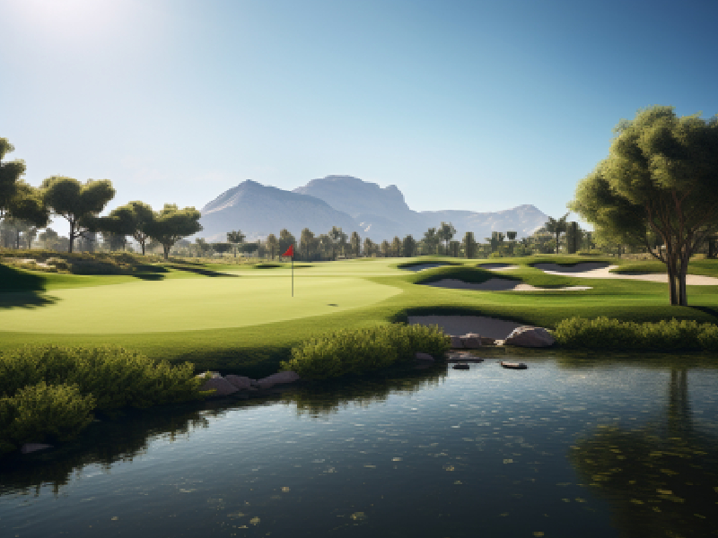 A wide view of a modern championship course featuring a beautifully sculpted rainwater catchment lake with natural rock styling