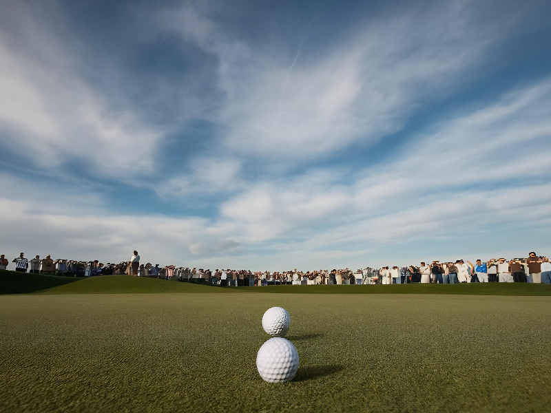 High-angle look at an asymmetric fairway featuring flash-faced bunkers with dramatic shadows